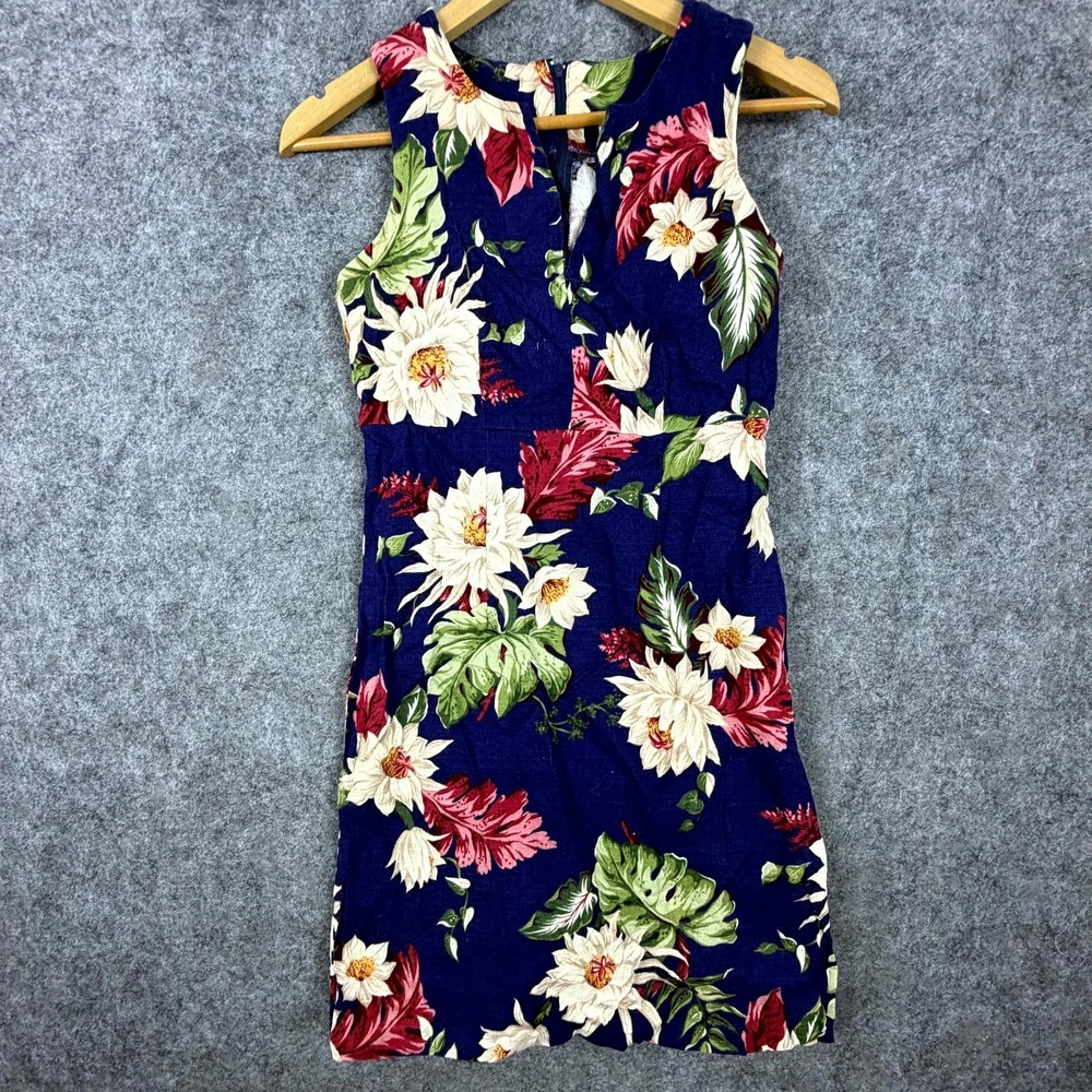 Vintage Young Hawaii Sheath Dress Womens Small Blue Floral Dark Resort 90s
